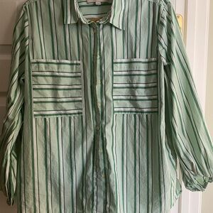 LOFT Women's Mint and Dark Green Striped Blouse